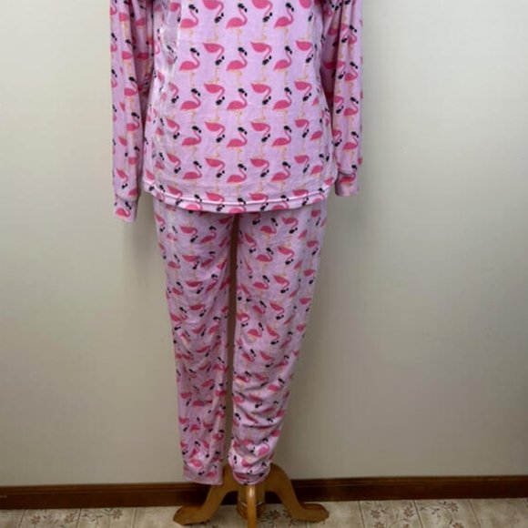 Frankie & Johnny S Pink Flamingo Velour Pajama Set Soft Shirt Jogger Pants - Picture 2 of 8
